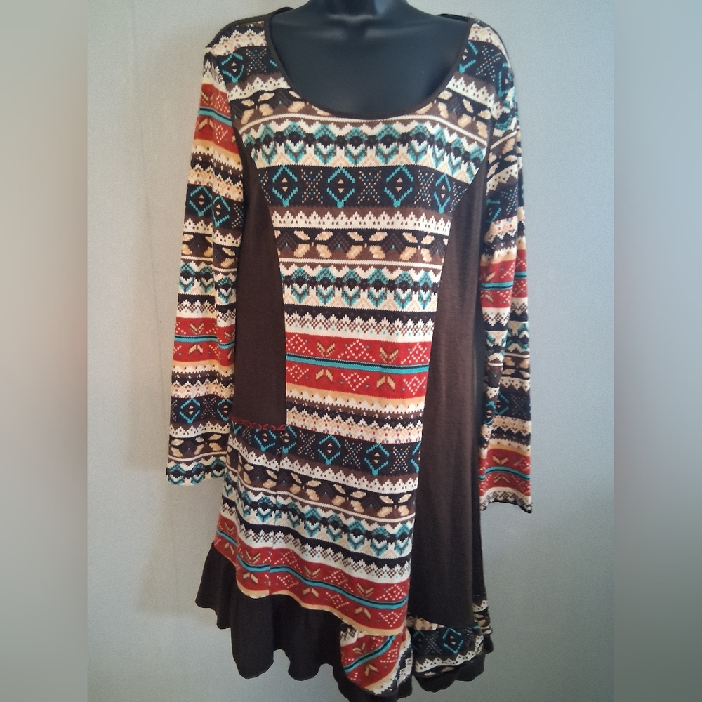 Sacred Threads Red And Brown Patterned Dress M Az… - image 1